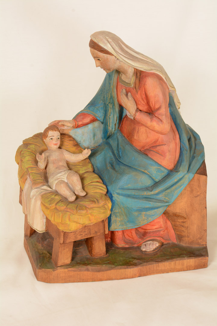 Statua Madonna seduta con Bimbo il legno colorato cm 35