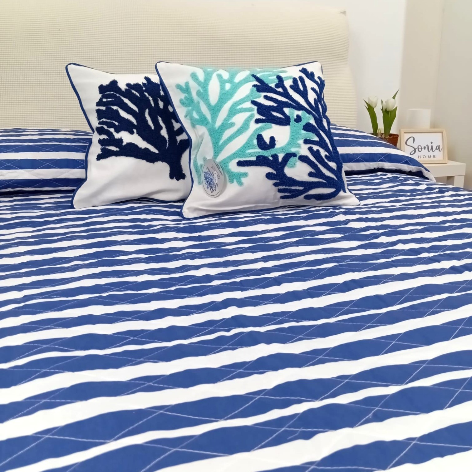 Trapuntino matrimoniale stampato Ring - blu