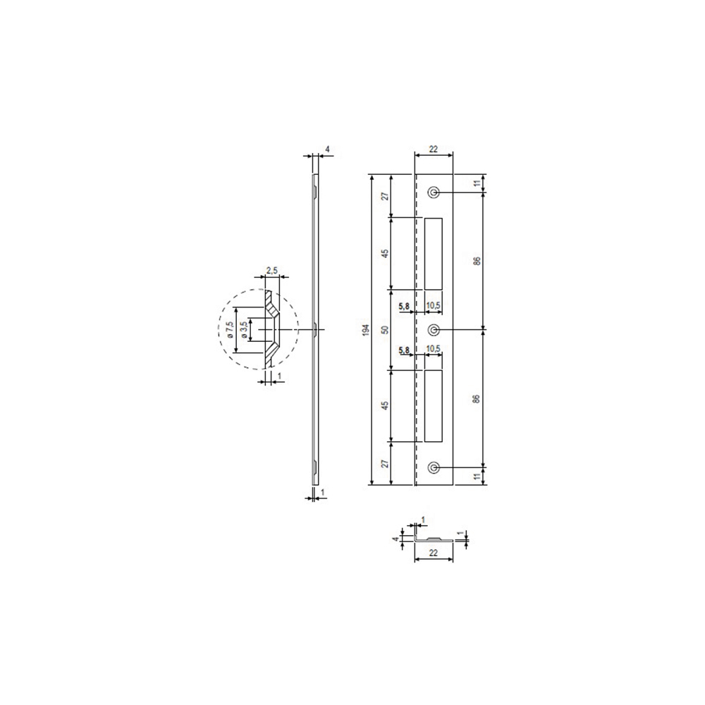 Incontro serratura patent grande 194x22x4 Bordo quadro ad L cromo opaco