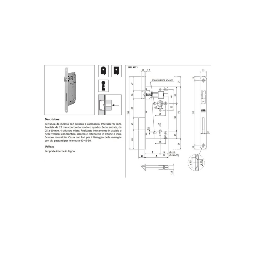 Serratura patent grande bordo tondo entrata45 distanza90 frontale22 bronzo verniciato