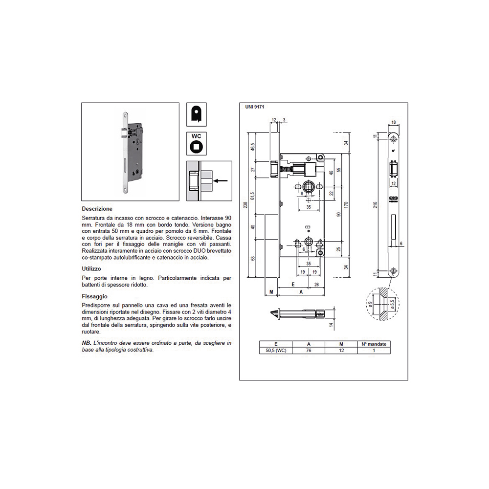 Serratura patent grande bordo tondo quadro bagno wc entrata50 frontale18 ottone verniciato