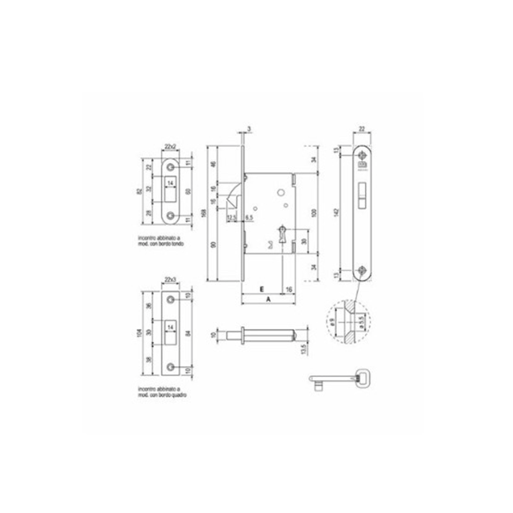 Serratura porte scorrevole bordo tondo entrata60 frontale22 ottone verniciato