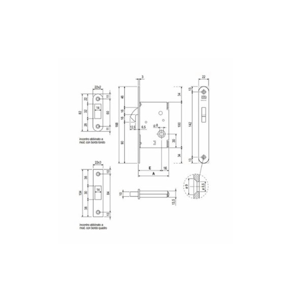Serratura scorrevole gancio quadro WC frontale22 ottone verniciato