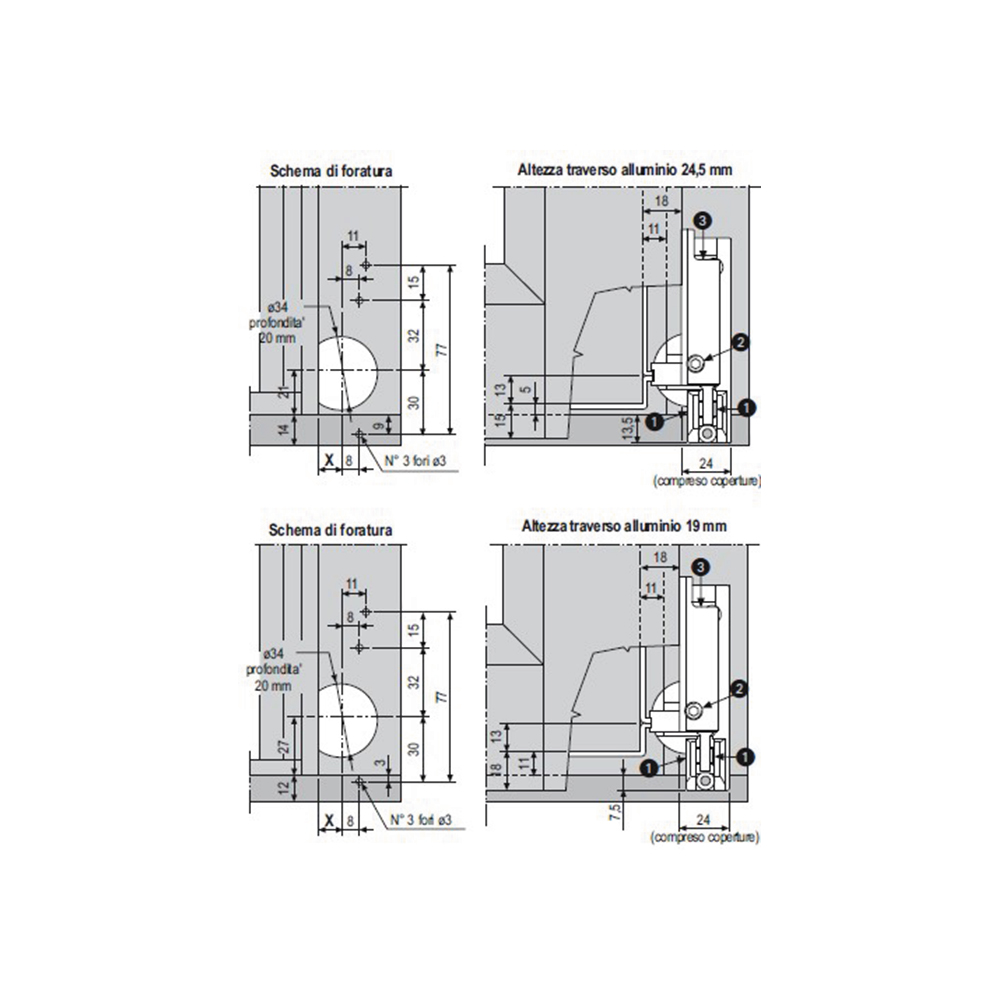 Cerniera angolare per traverso inferiore in alluminio DX aria 11/12