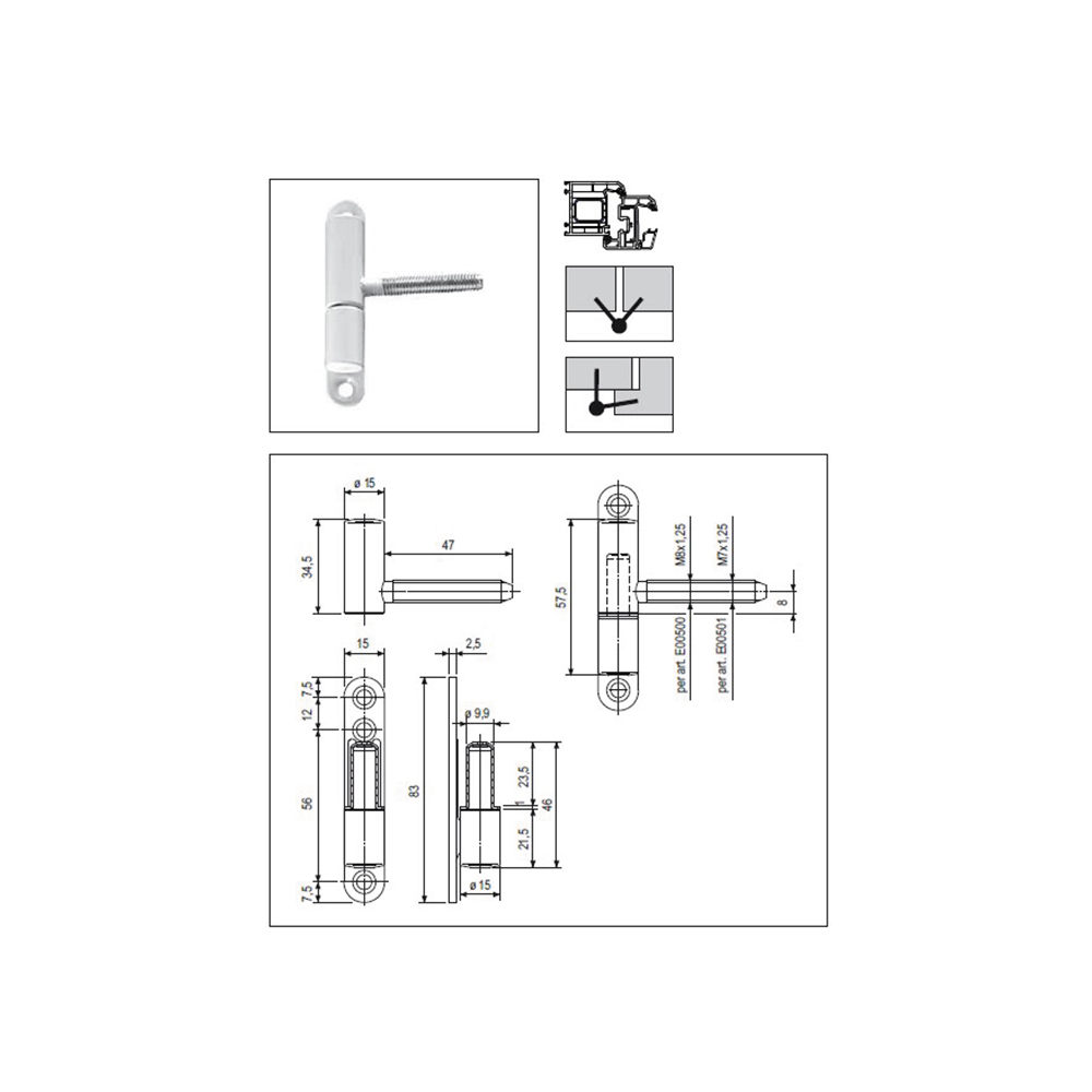 cerniera per pvc gambo 8x47 diametro 15x58 Zincato bianco