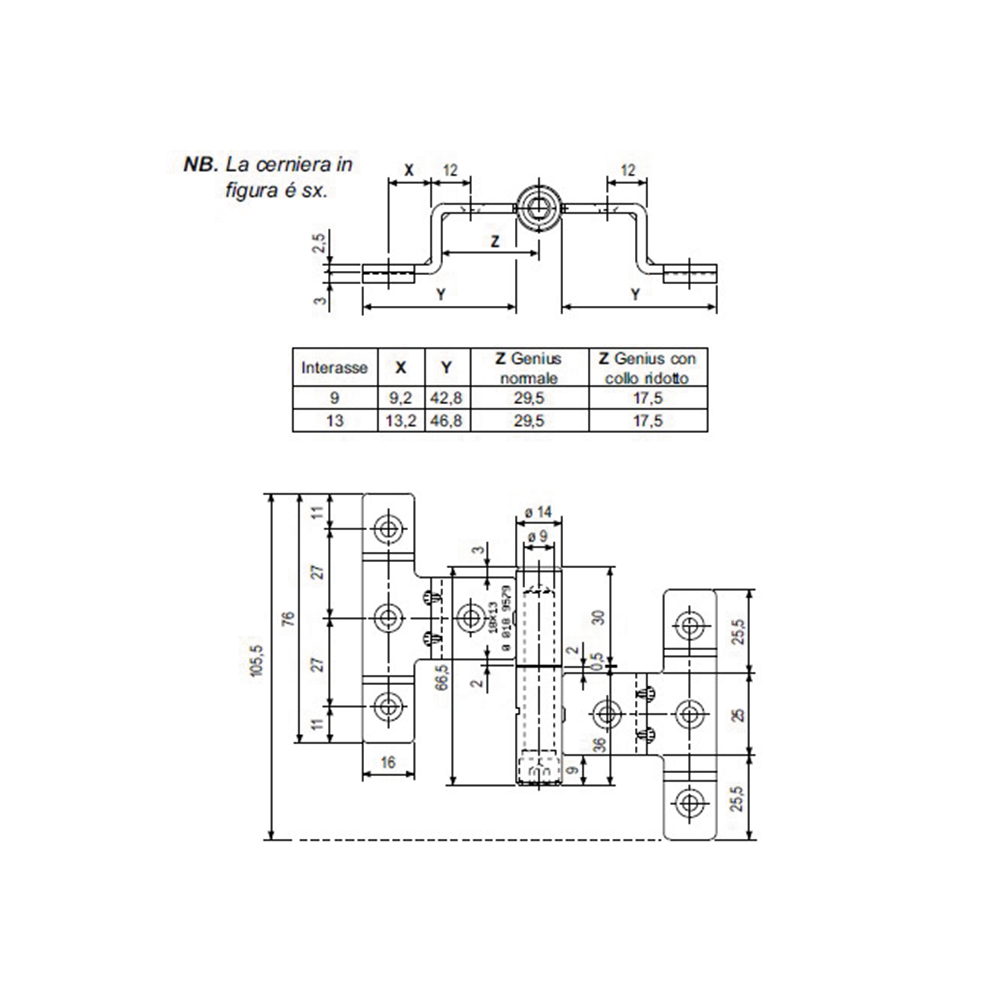 Cerniera genius regolabile Sx battuta 18 interasse 13 Zincato
