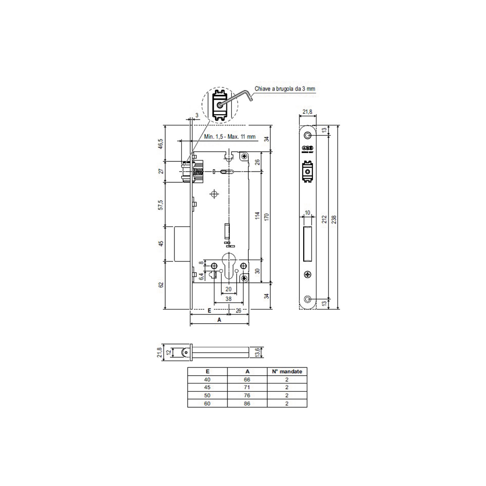 Serratura di sicurezza bordo tondo entrata 50 frontale 22 con scrocco a rullo Ottone lucido