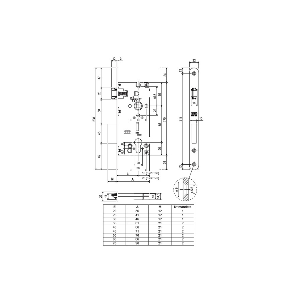 Serratura di sicurezza 2.0 bordo tondo entrata 45 frontale 22 Ottone verniciato