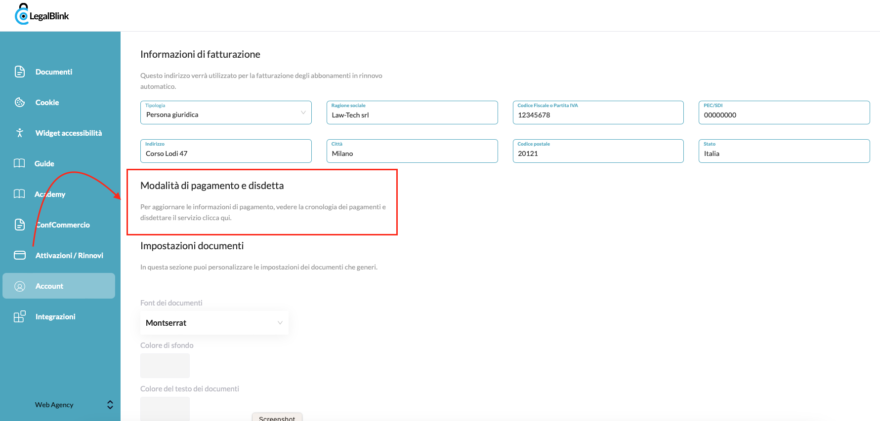accendi account per cancellare legalblink