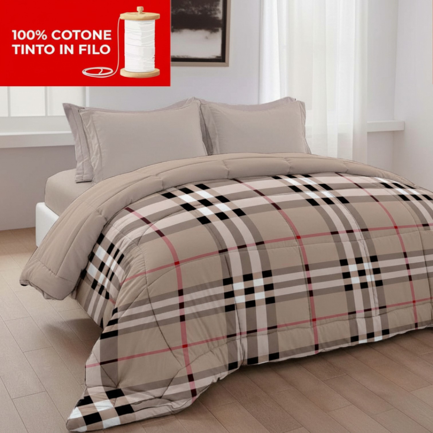 Trapunta matrimoniale Check 100% cotone tinto in filo - beige