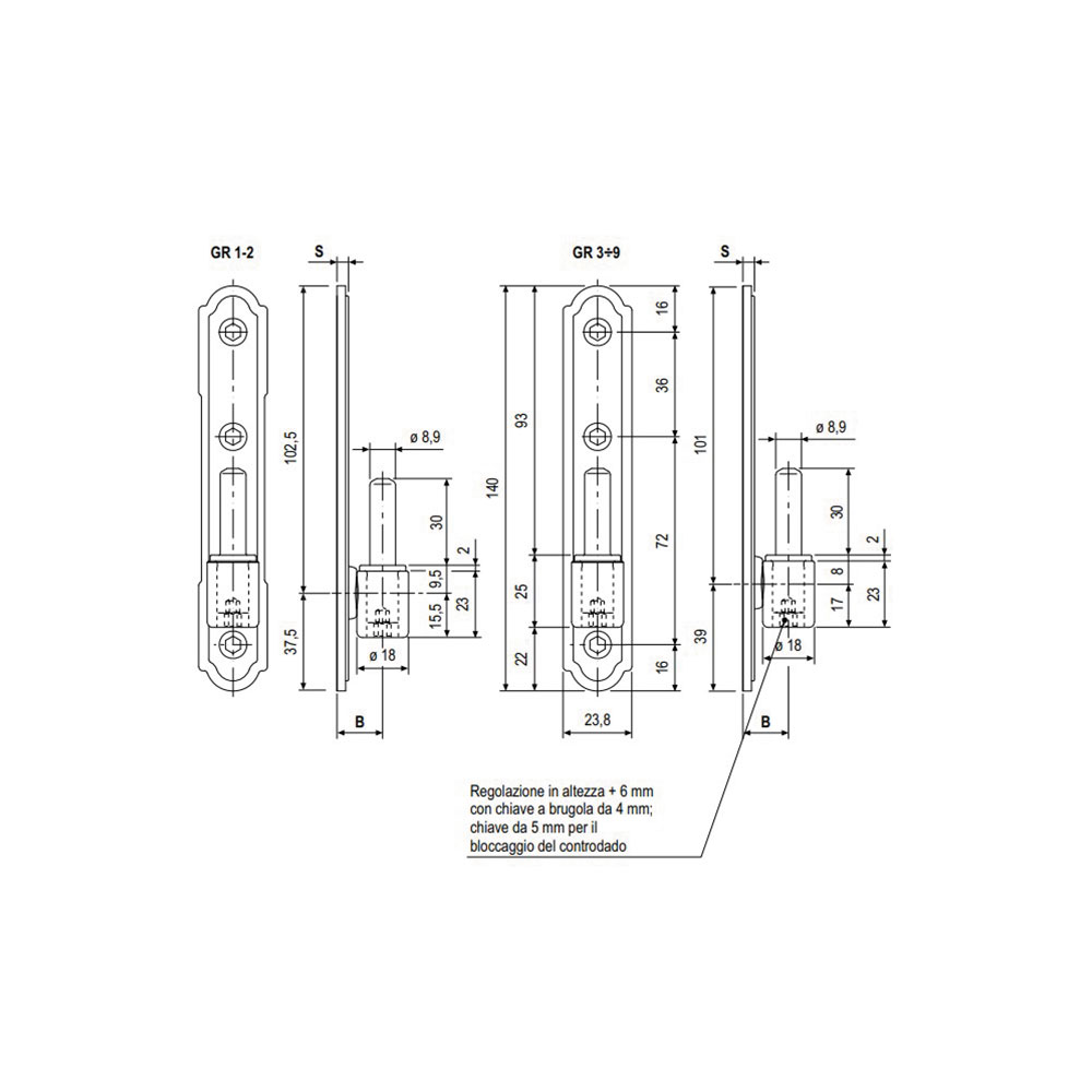 Cardine con piastra regolabile in altezza 24mm GR6