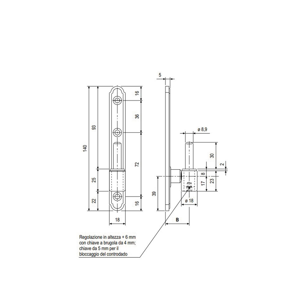 Cardine fisso con piastra 18mm regolabile in altezza GR5