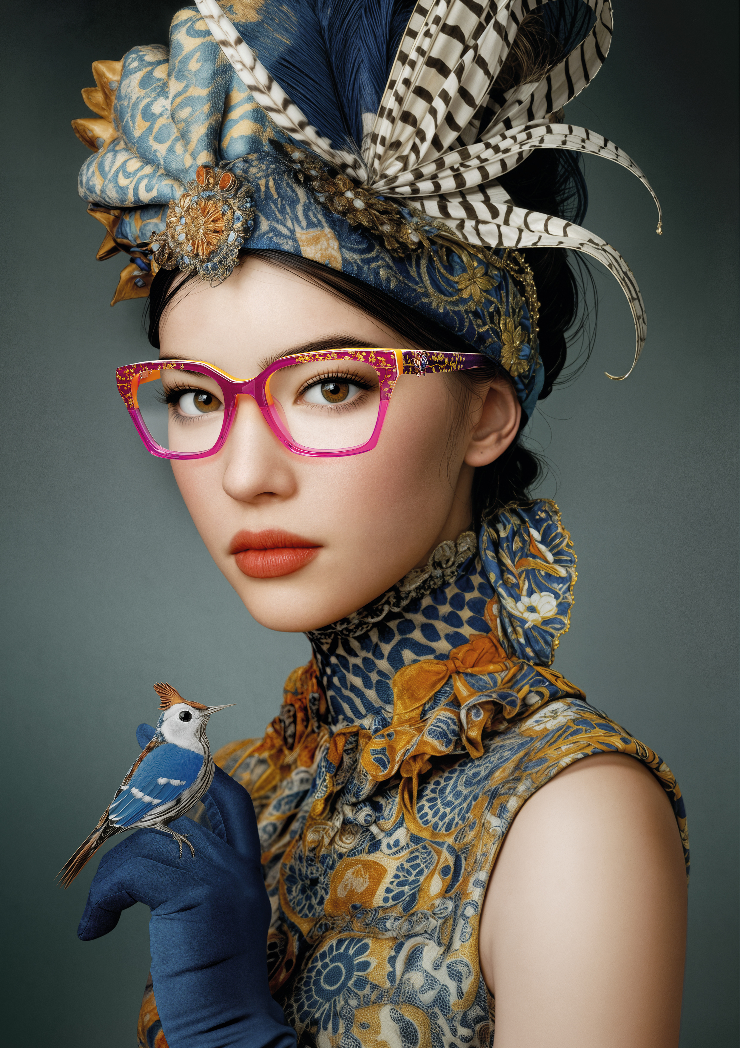  A sophisticated lady donning a blue dress and elegant glasses Cocosong, exuding an air of refinement and grace.