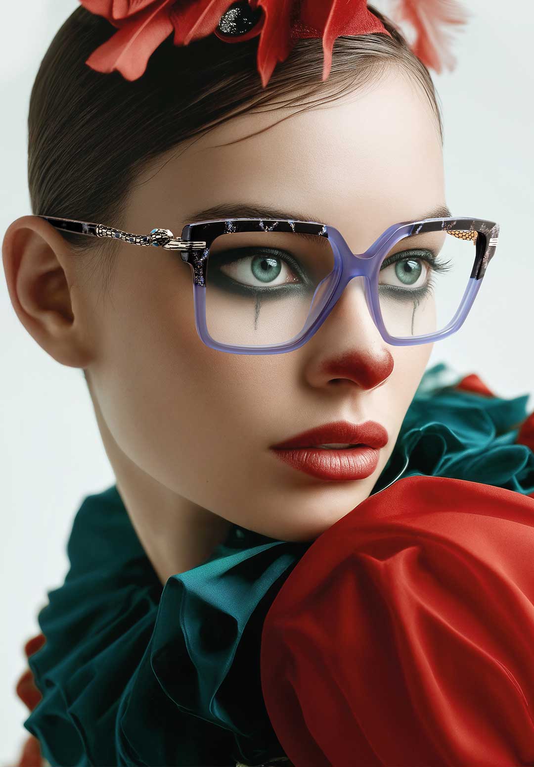 A sophisticated woman with glasses La Matta, showcasing a fierce tiger face paint design, exuding elegance and strength.