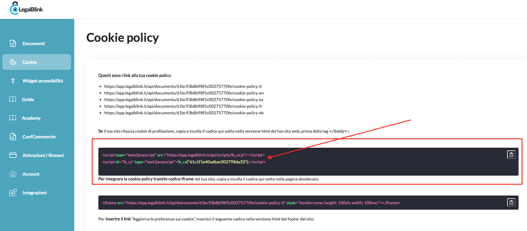 dove prendere il banner cookie di LegalBlink