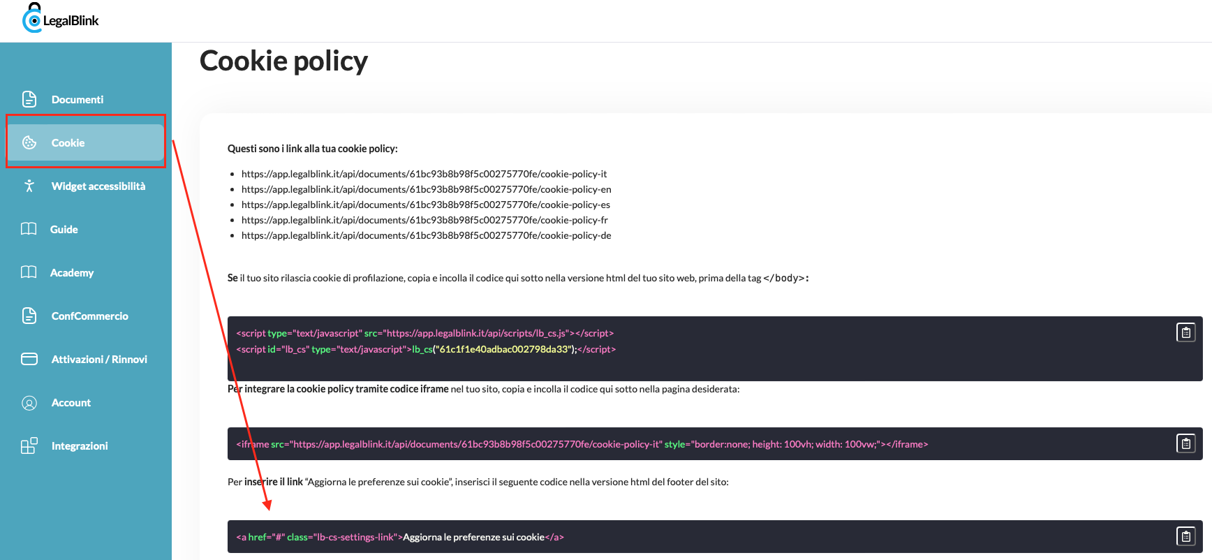 prendi link aggiorna le preferenze sui cookie