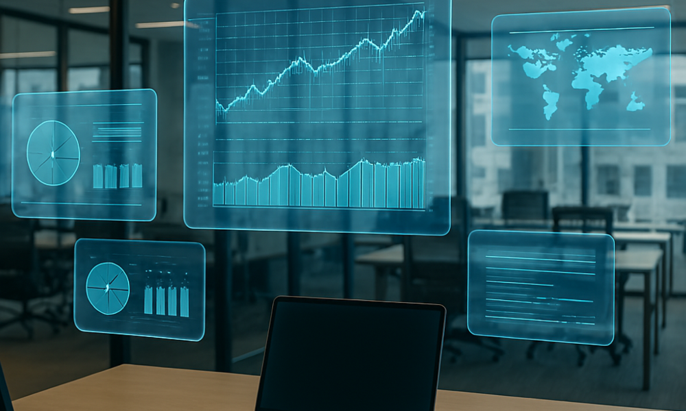 Futuristic blue holographic charts and data panels floating in an office setting, showing graphs, maps, and statistics in front of a laptop.