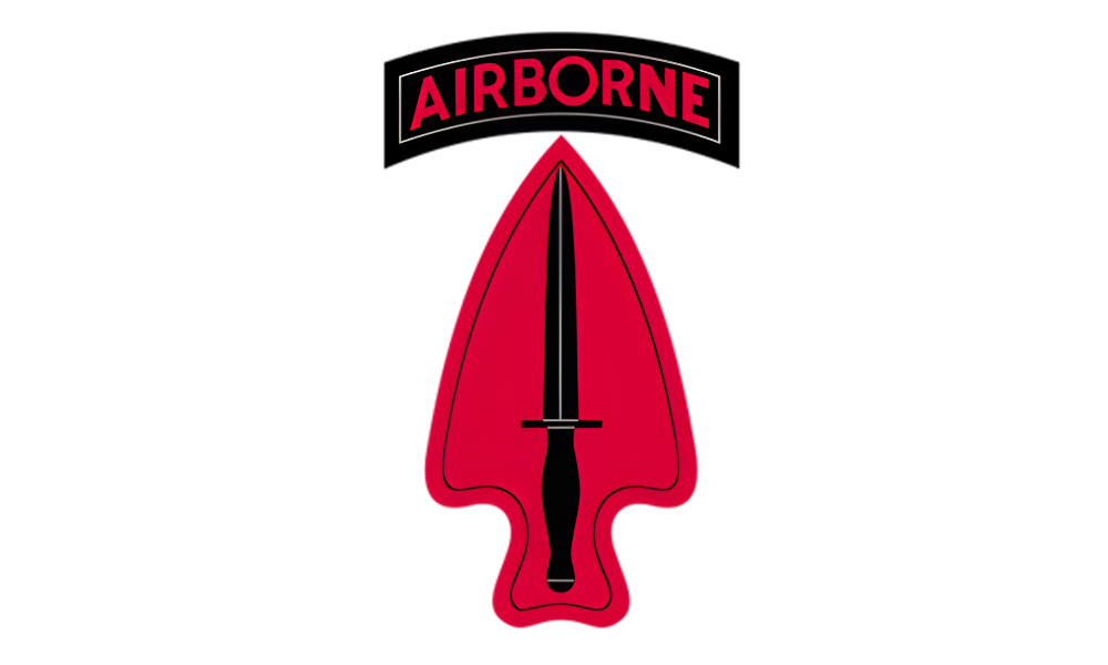 Insignia of the U.S. Army Special Forces with the word “AIRBORNE” and a black dagger on a red spearhead.
