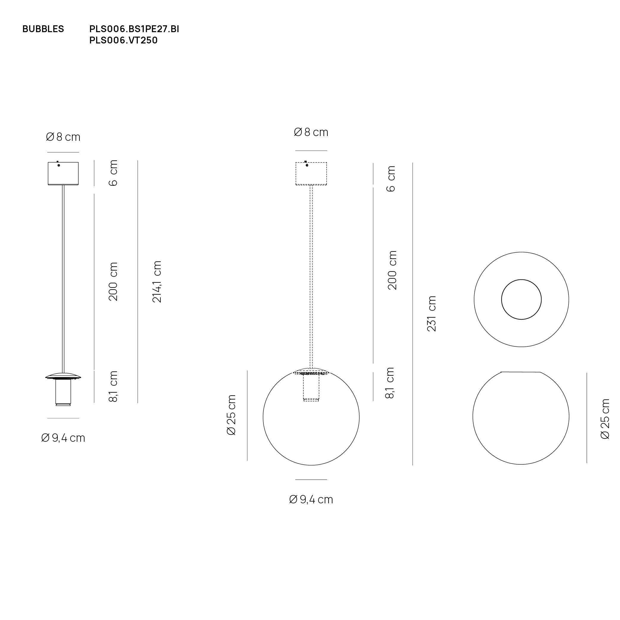 BUBBLES SOSPENSIONE BIANCO MONTATURA ATTACCO E27 + DIFFUSORE IN VETRO Ø25 CM CROMO