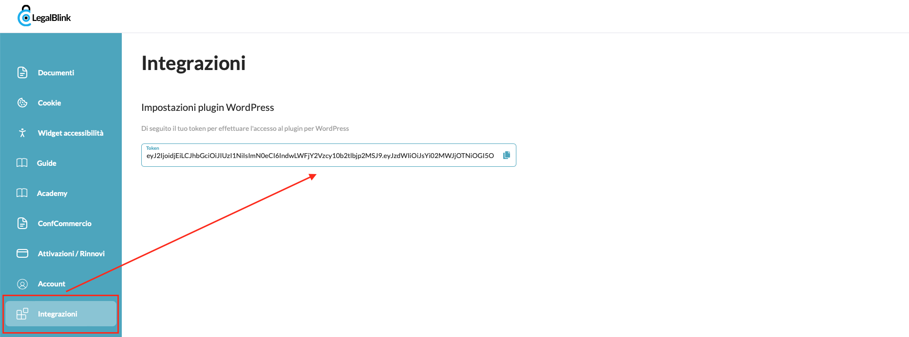 token da inserire per integrazione wodpress legalblink