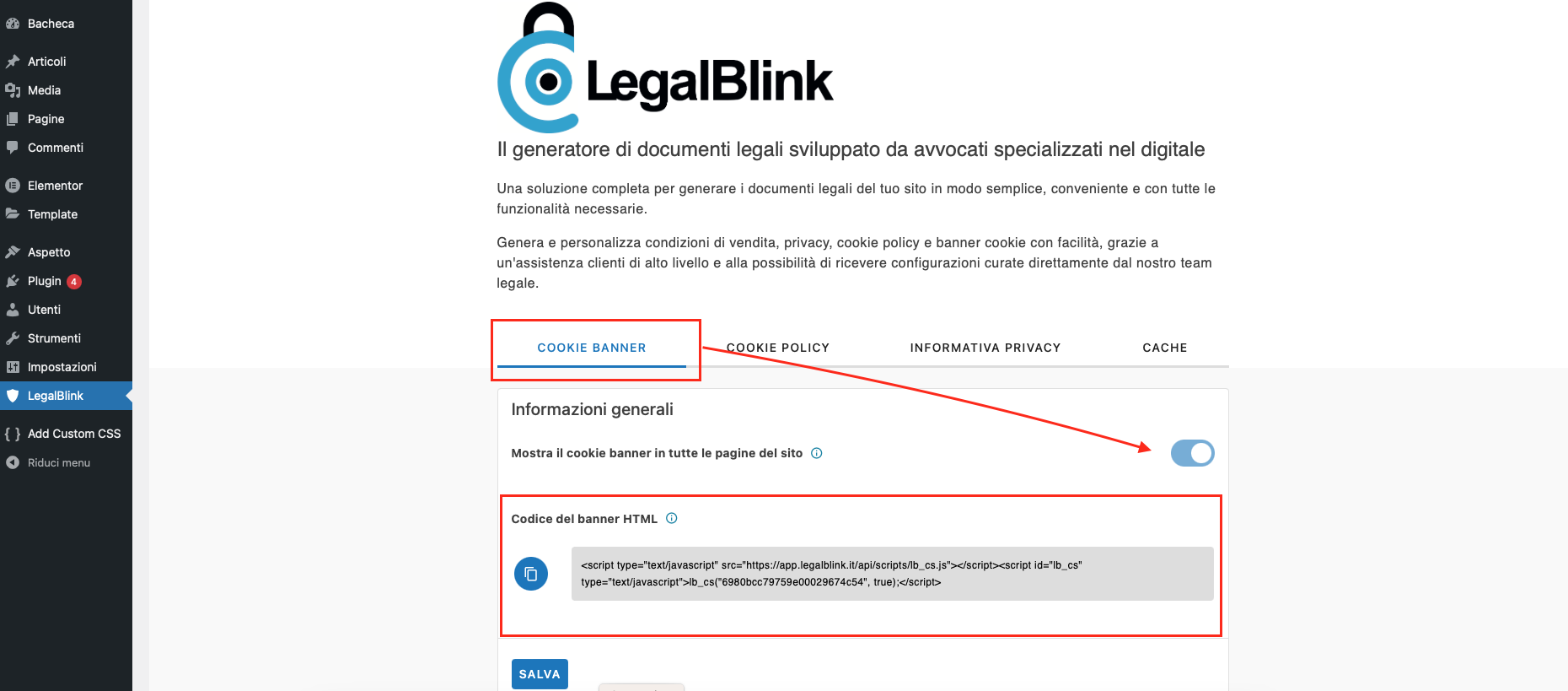 banner cookie legalblink wordpress