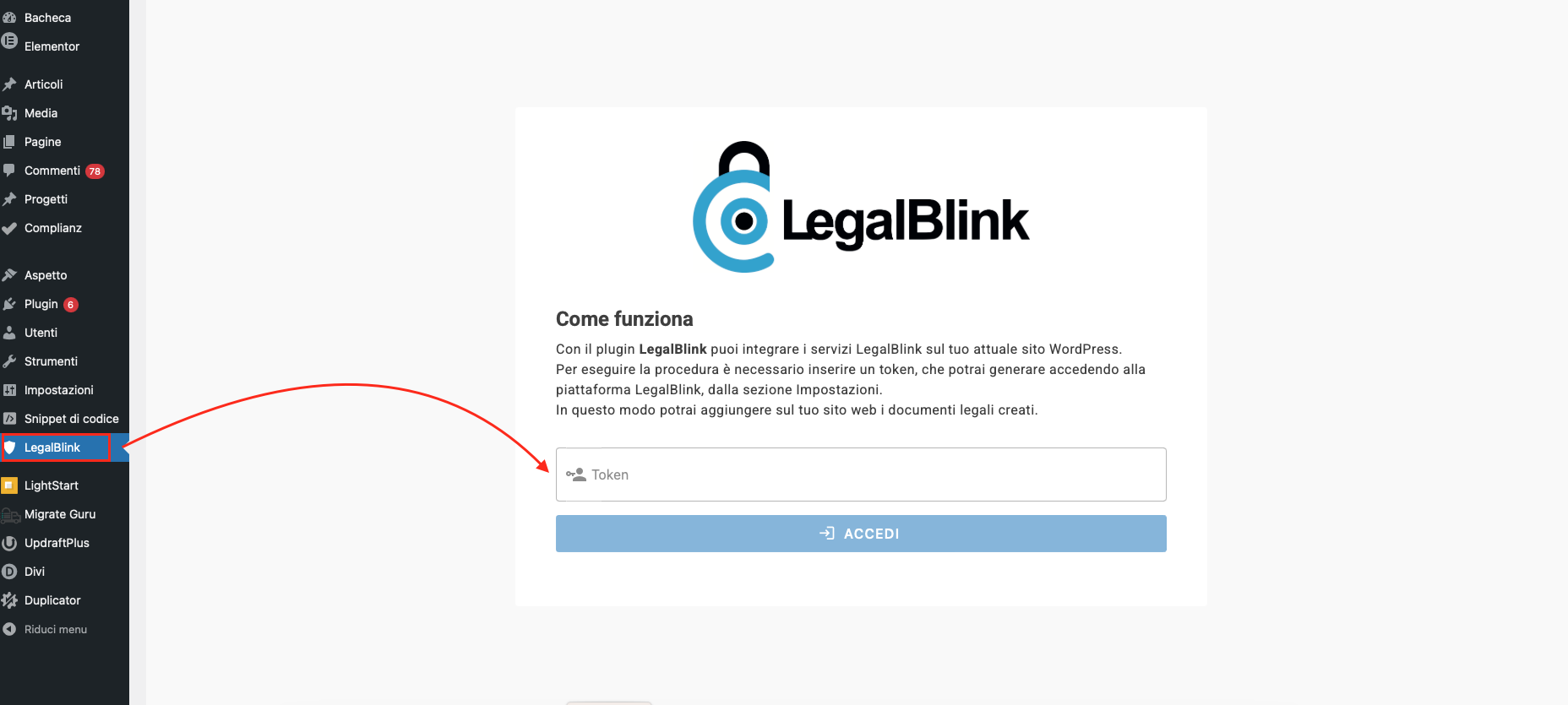 inserire token legalblink wordpress