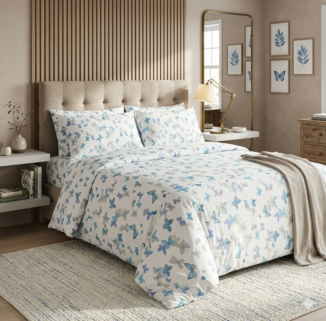 Completo letto matrimoniale Farfalle - Azzurro