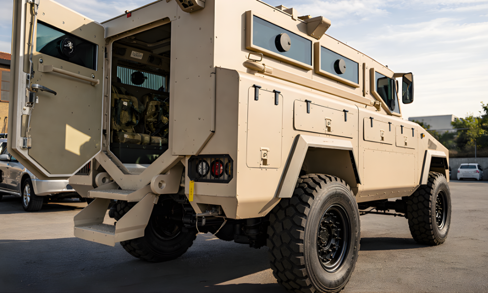 Beige armored military vehicle parked outdoors with rear door open, showing interior seating and equipment.