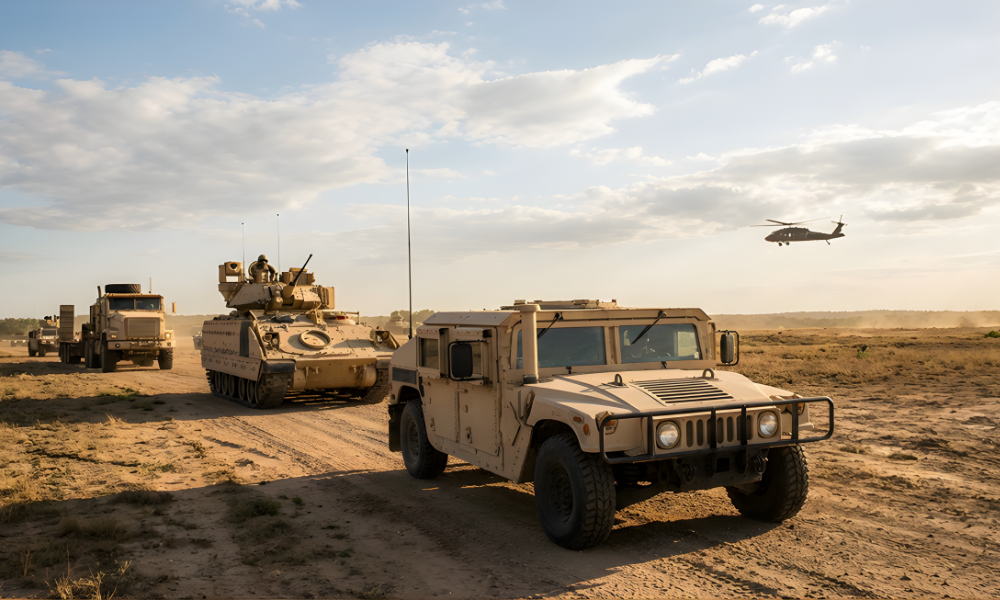 Military convoy with armored vehicles driving across a dusty desert terrain, with a helicopter flying in the background.