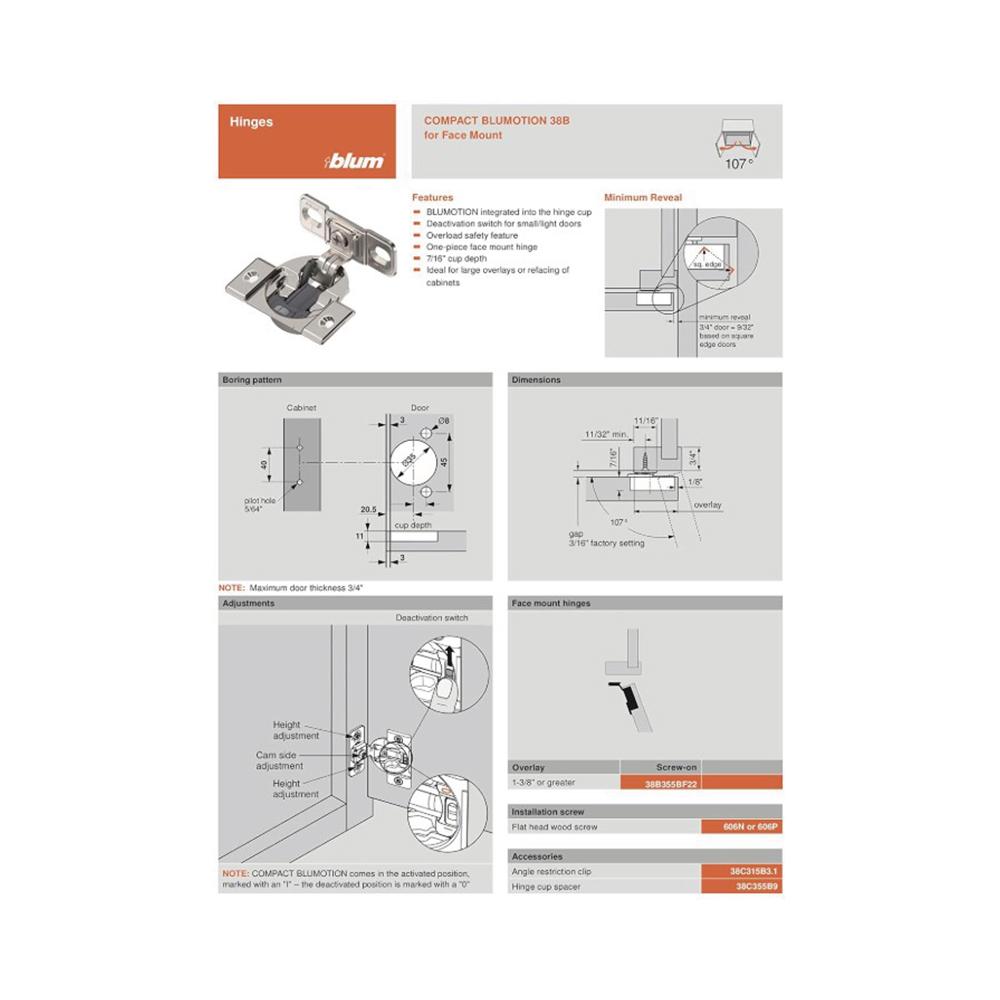 Cerniera Compact a molla per ante con chiusura automatica 107° con base premontata 38B355AF22