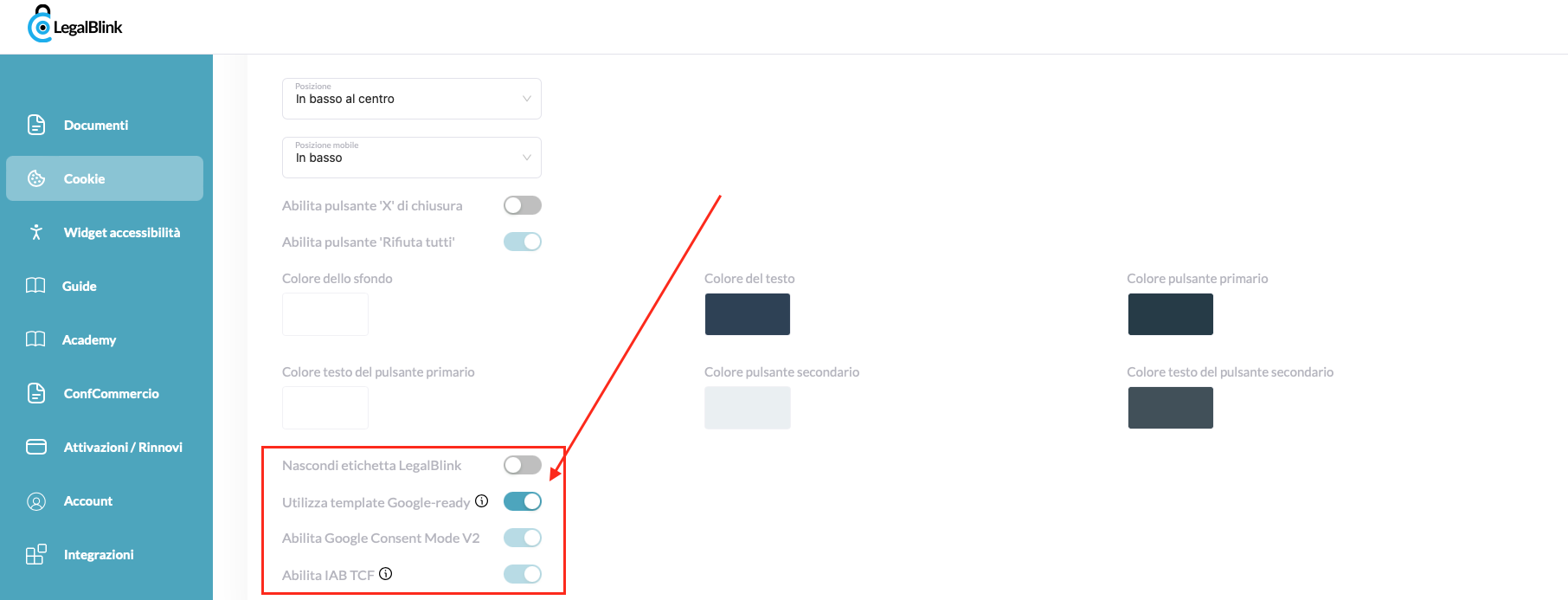 attiva il nuovo codice del banner cookie