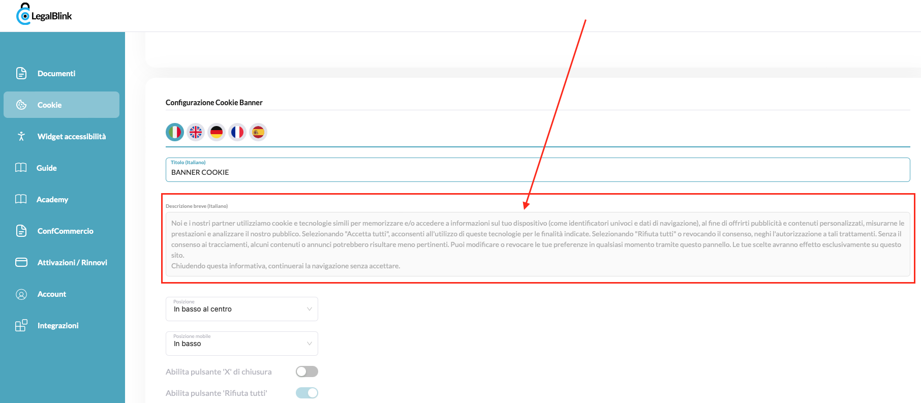 nuovo testo del banner cookie