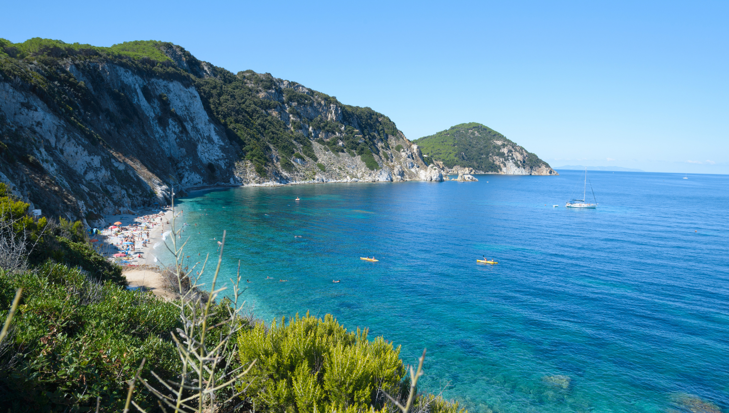Baia rocciosa all'isola d'elba con acqua cristallina e spiaggia affollata, circondata da scogliere verdi e mare turchese.