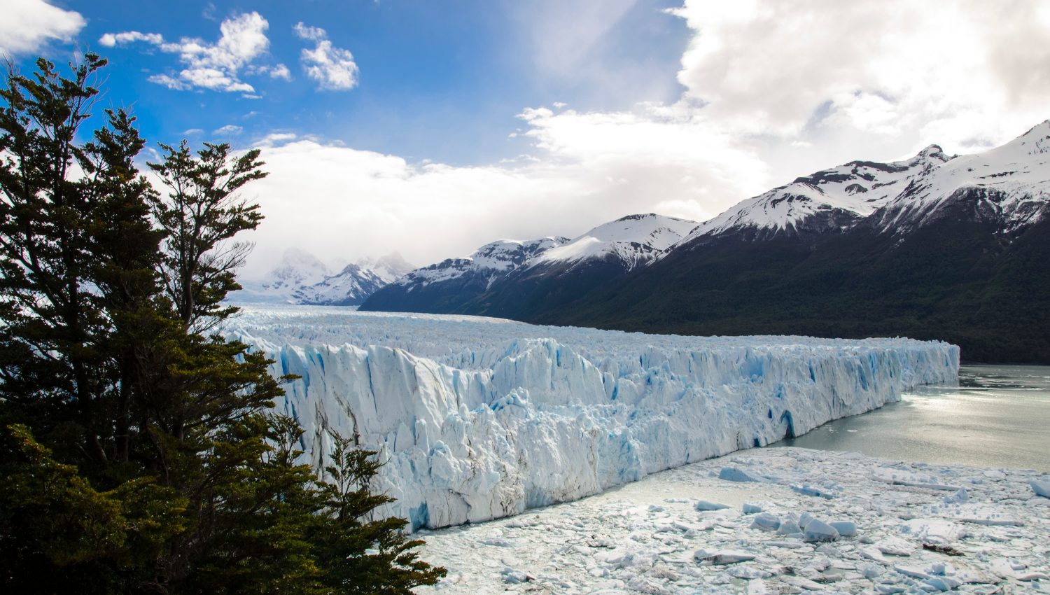 Vista panorámica del glaciar Perito Moreno con bloques de hielo flotando y cordillera al fondo.