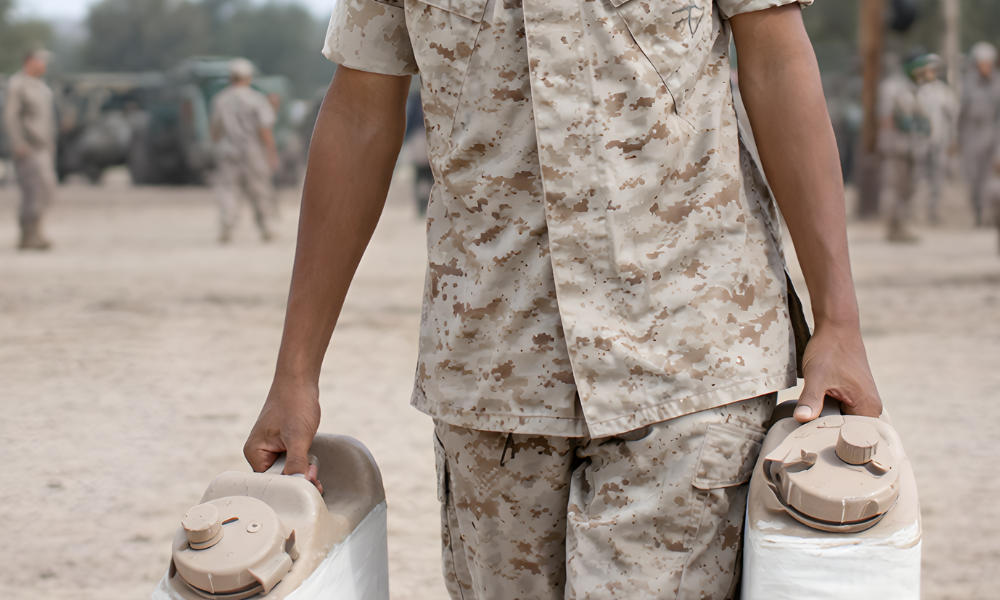 Soldier in desert camouflage carrying two water containers during a field training activity.