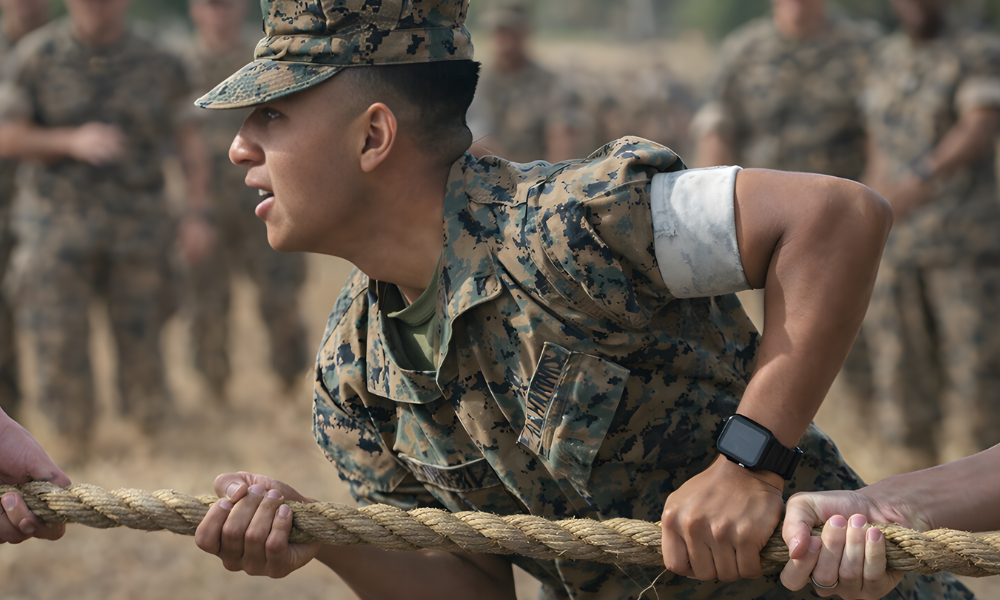 Marine pulling a rope during a physical training exercise with other soldiers in the background.