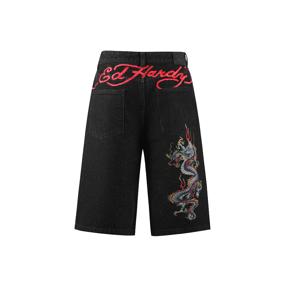 ED HARDY Pantaloncini Jorts Denim Shorts Battle Dragon Washed Black