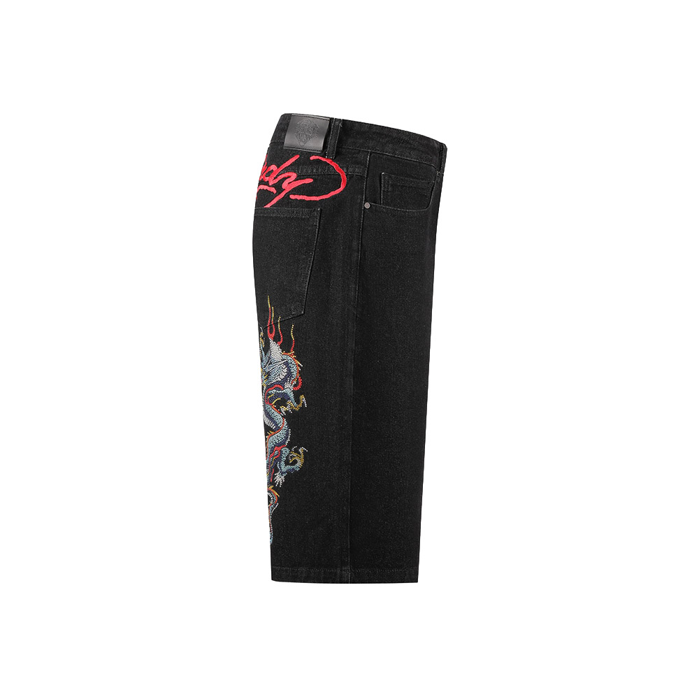 ED HARDY Pantaloncini Jorts Denim Shorts Battle Dragon Washed Black