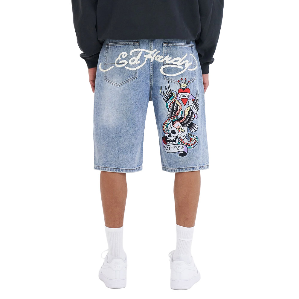 ED HARDY Pantaloncini Jorts Denim Shorts Nyc Skull Bleach 
