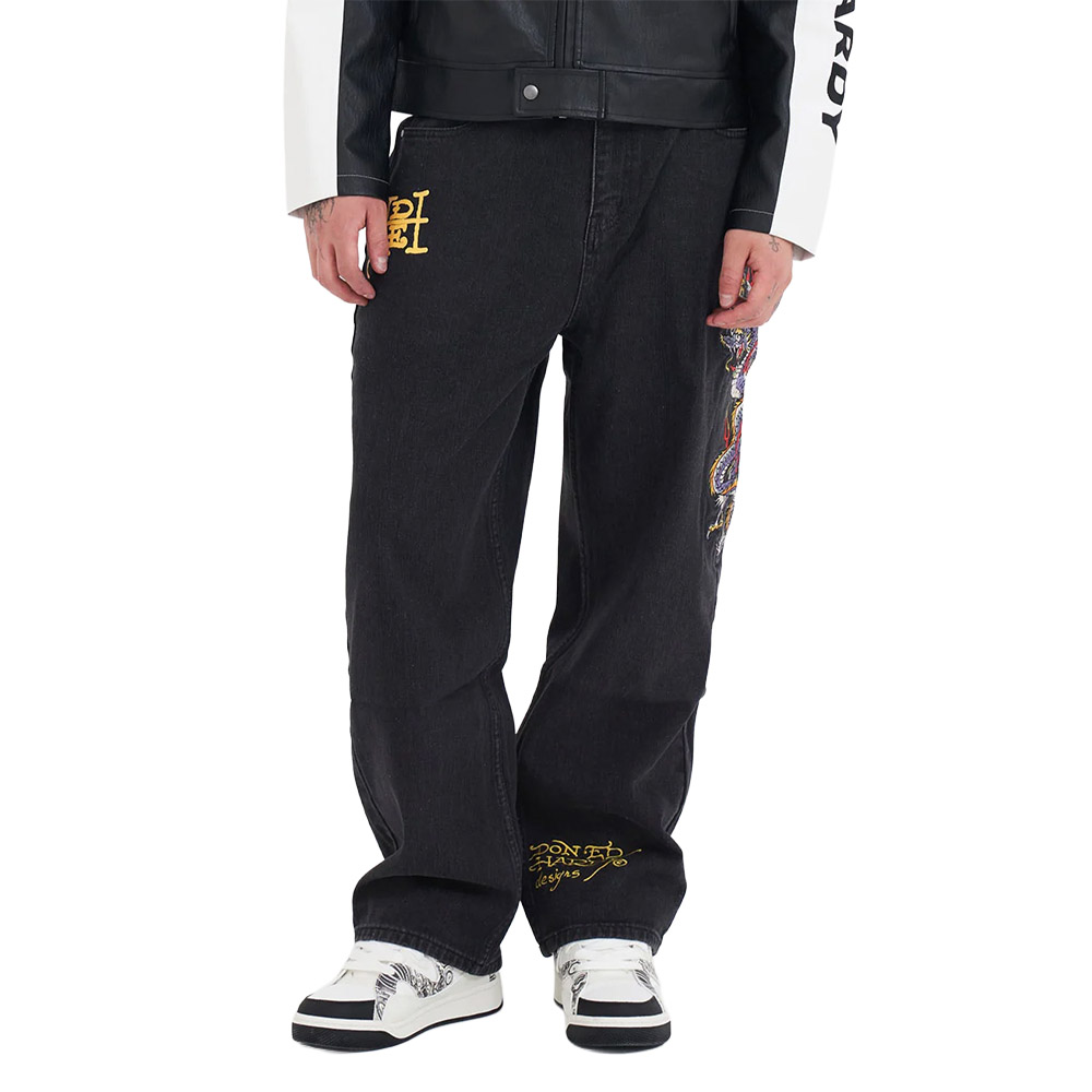 ED HARDY Pantaloni Jeans Baggy Battle Dragon Tattoo Denim Black 