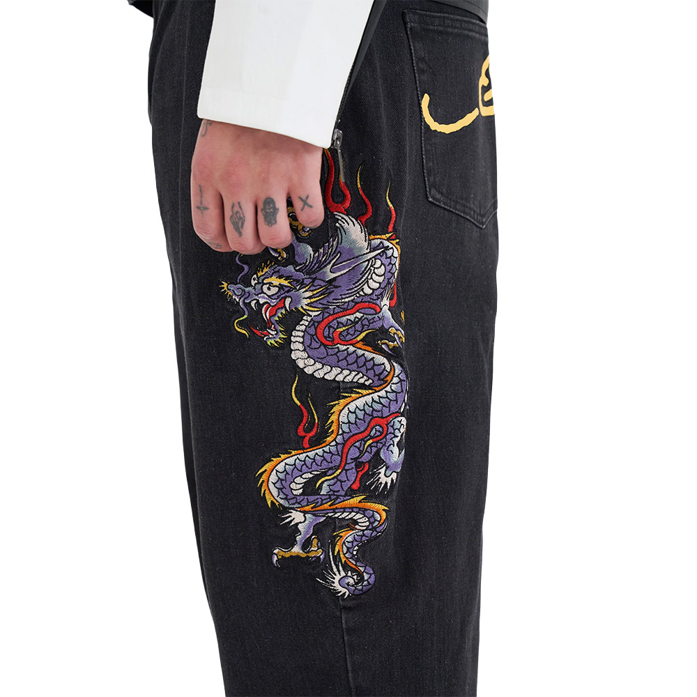 ED HARDY Pantaloni Jeans Baggy Battle Dragon Tattoo Denim Black 