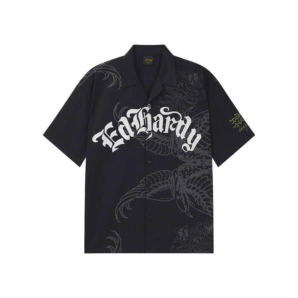 ED HARDY Camicia Maniche Corte Shirt Relaxed Camp Gothic Black 