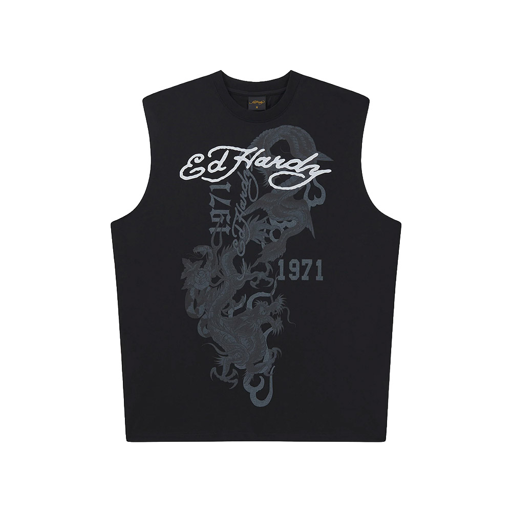 ED HARDY Canotta Sleeveless Tee Flying Dragon Graphic Black
