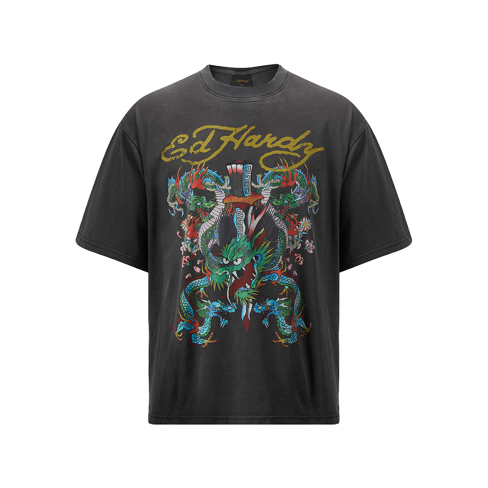 ED HARDY Maglietta Maniche Corte Tee Battle of Th Dragons Charcoal 