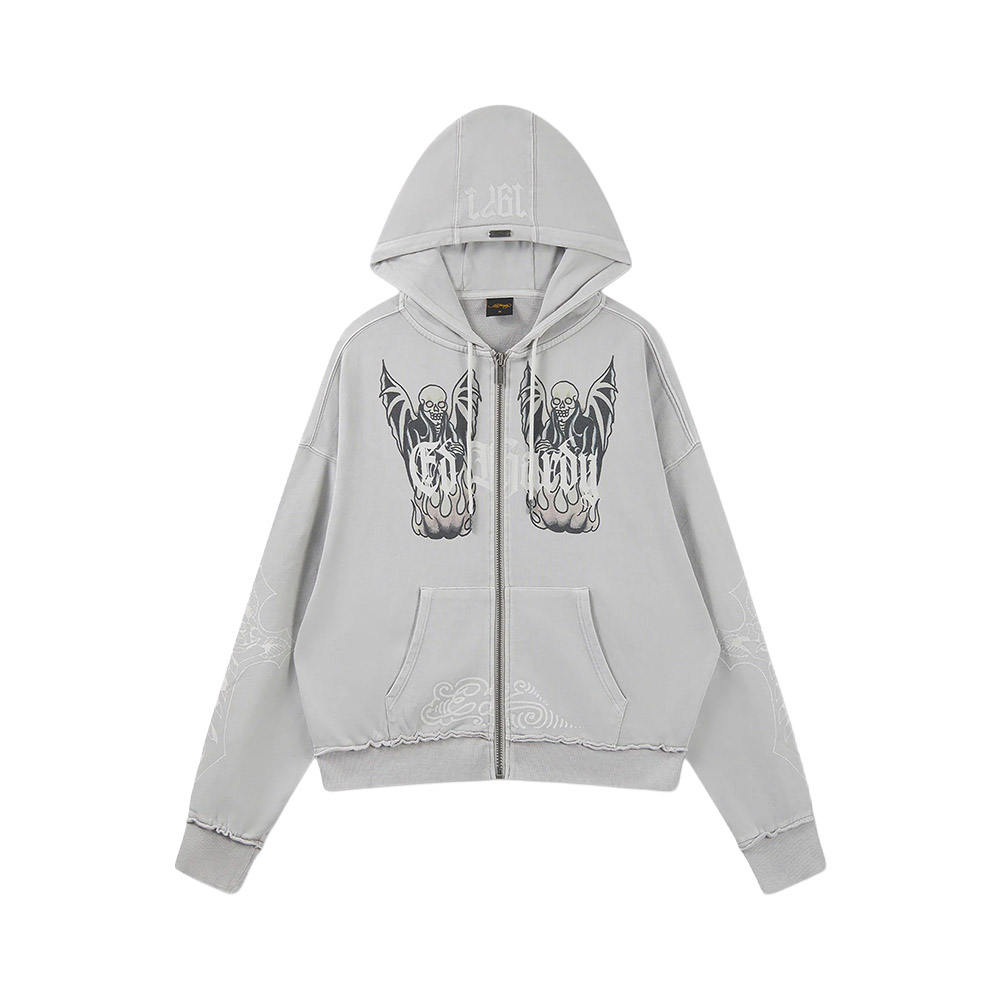 ED HARDY Felpa Zip Hoodie Boxy Gothic Skull Grey