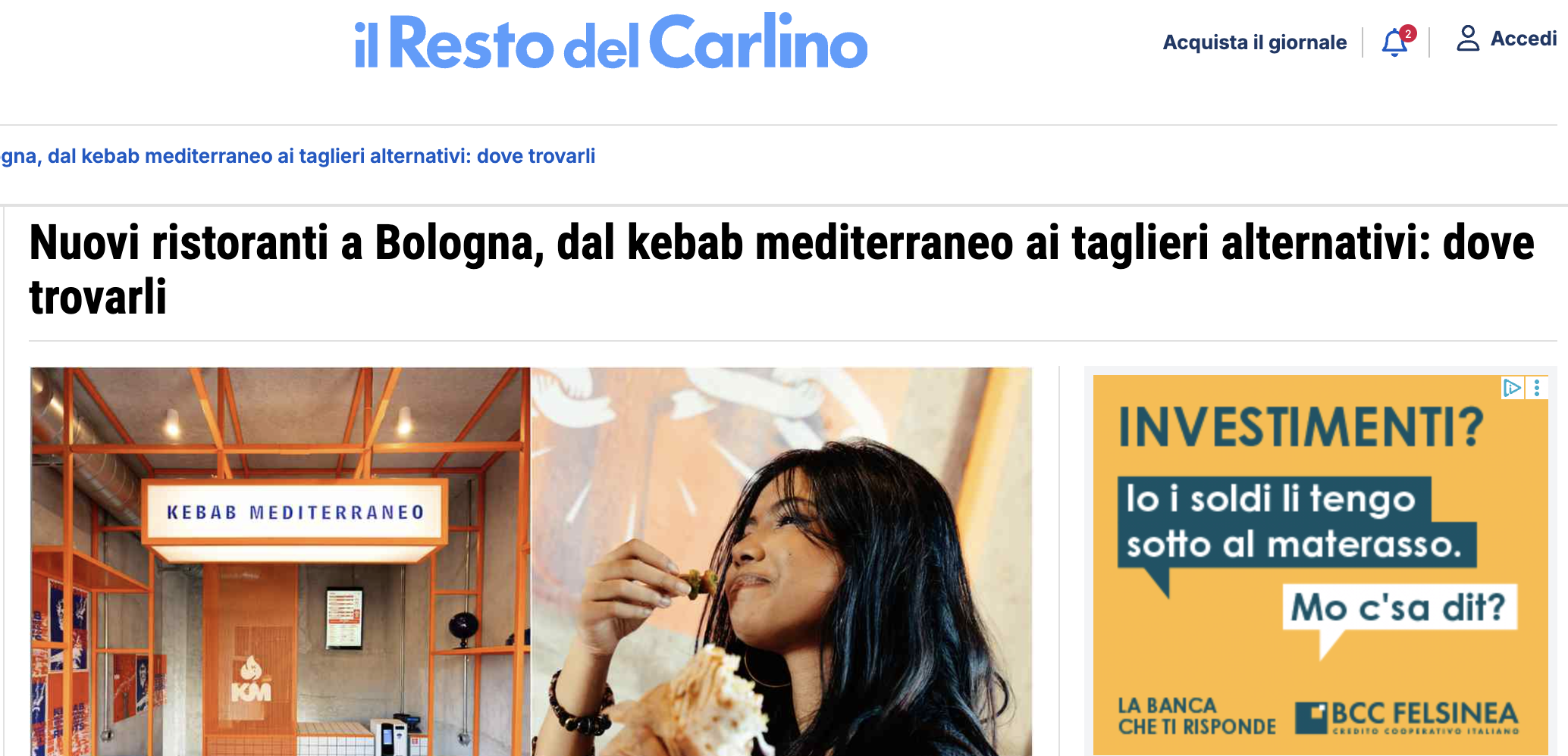 Articolo del Resto del Carlino su KM Kebab Mediterraneo a Bologna