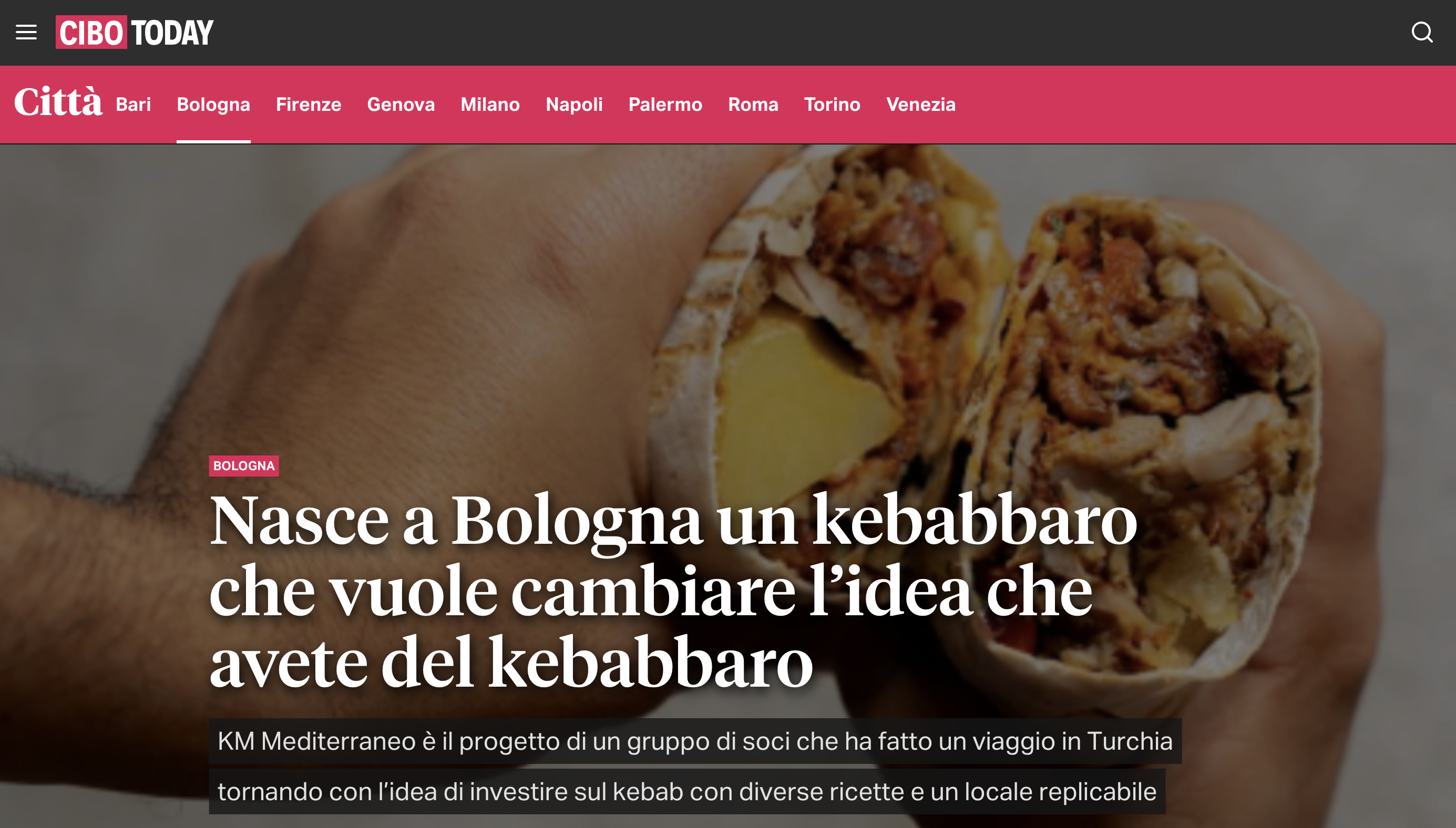 Articolo di CiboToday sull’apertura di KM Kebab Mediterraneo a Bologna