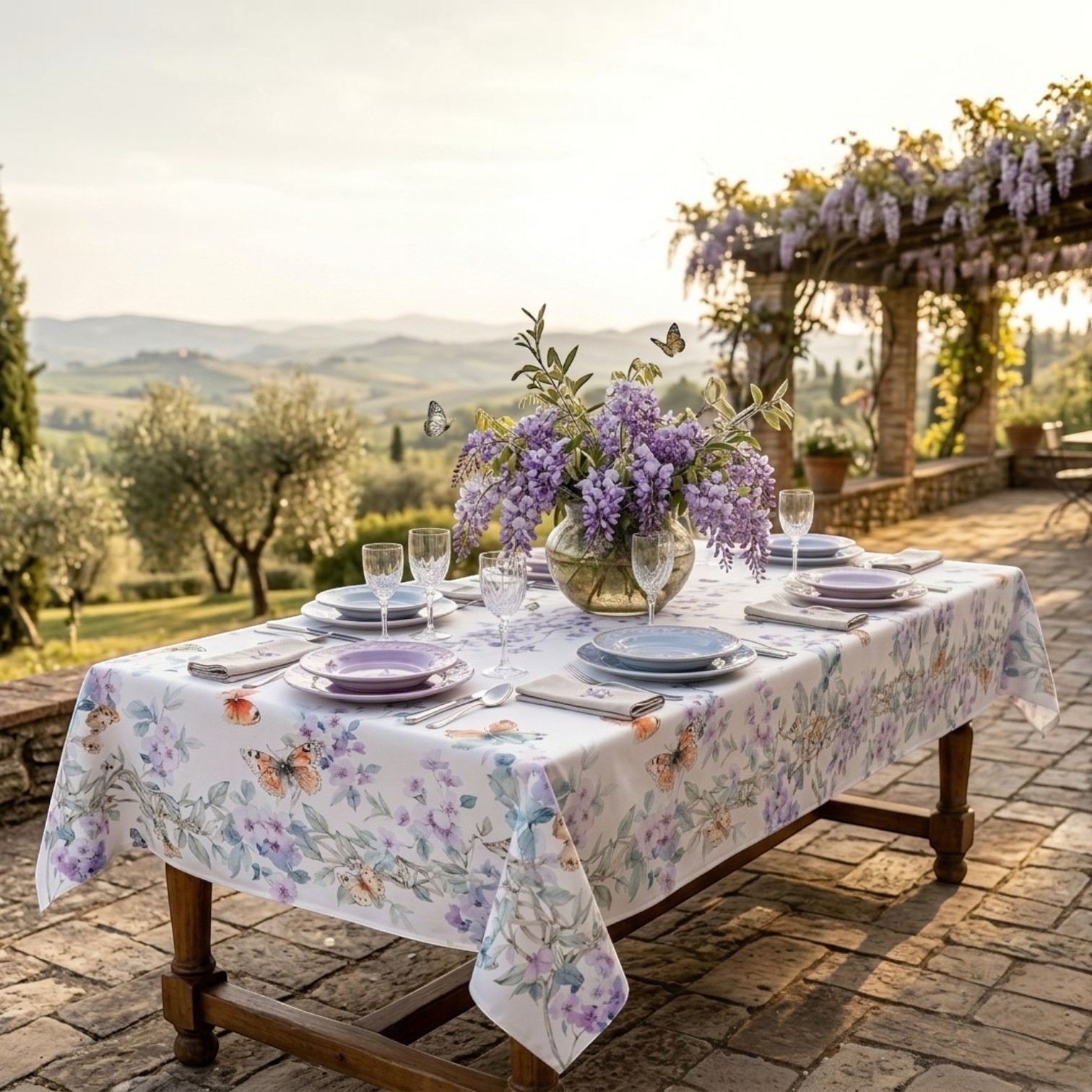 Tovaglia in puro cotone con stampa digitale - Lavanda e Farfalle