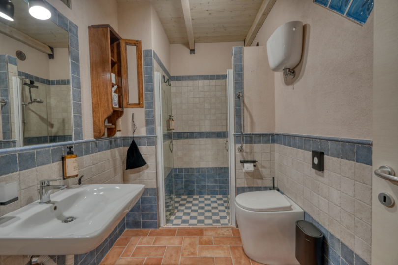 Bagno della camera Ascolano con sanitari adatti a persone con mobilità ridotta, ampia doccia walk-in, specchio e prodotti della linea Nuxe. 
