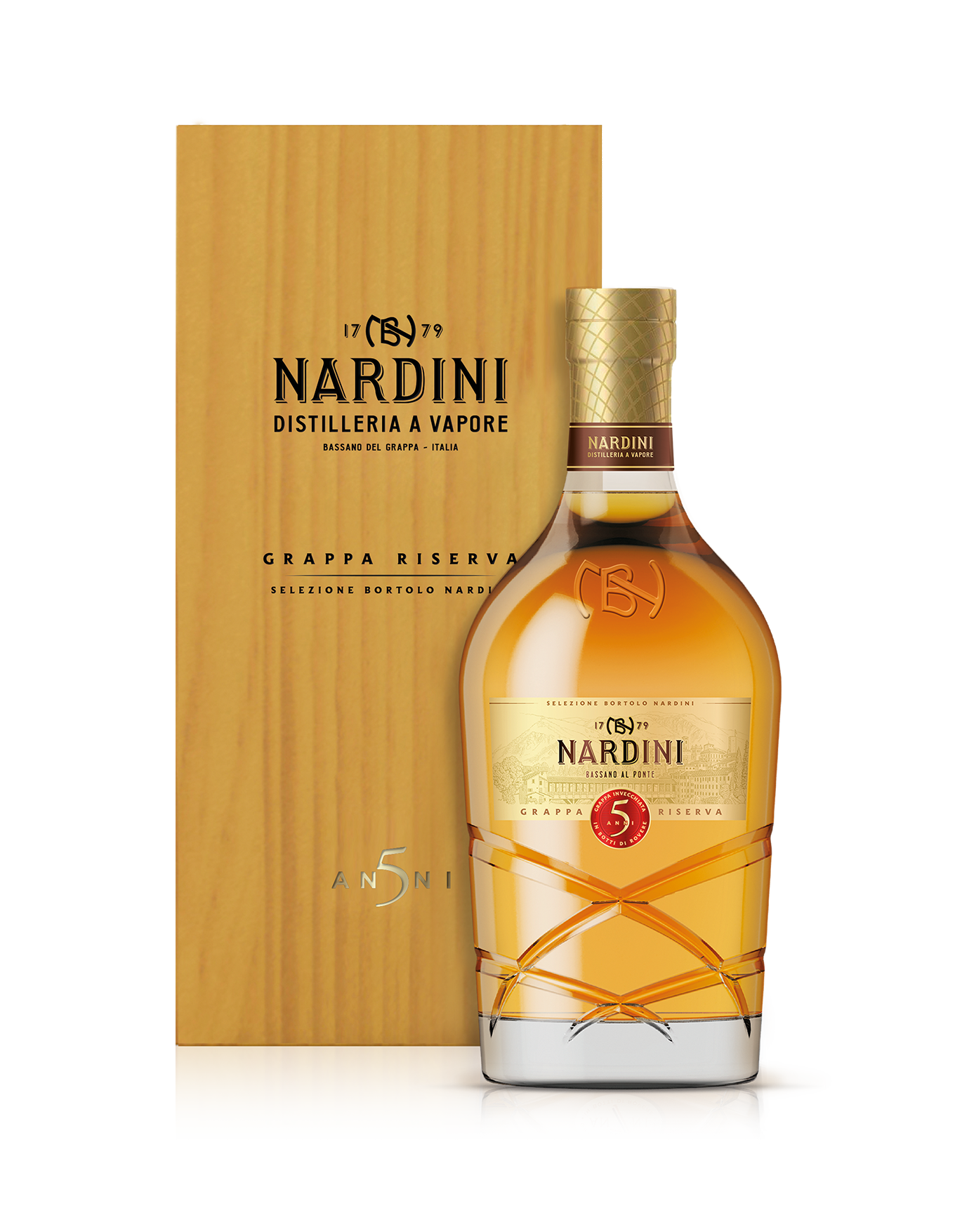 Grappa Riserva Selezione 5 anni in elegante confezione di legno graph
